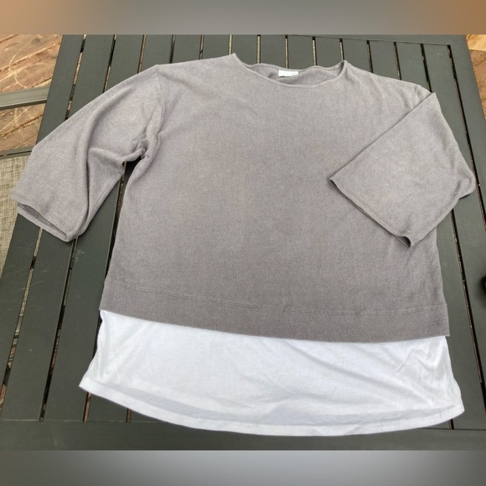 Pure Jill, Woman's 3/4 Sleeve‎ Crinkled Gray and White Layered Tunic Top, Size L